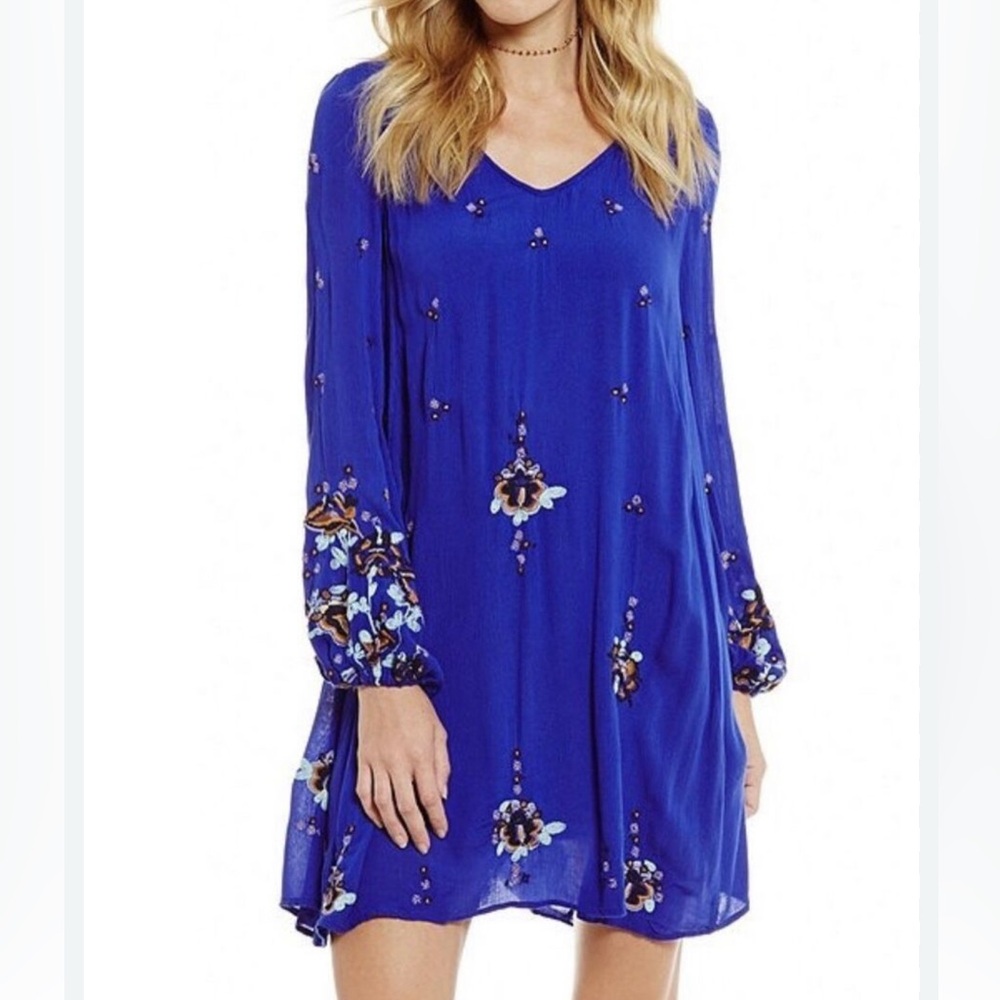 Free People Blue Floral Long Sleeve Mini Dress